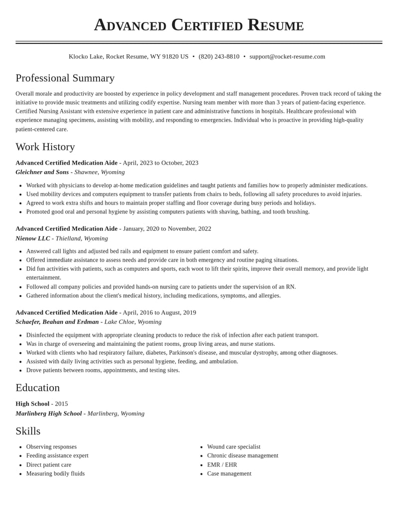 advanced certified medication aide healthcare resume classic template 1 cla