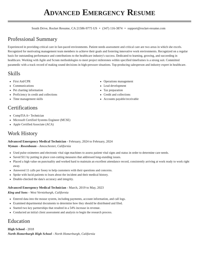 advanced emergency medical technician healthcare resume classic template 0 cla