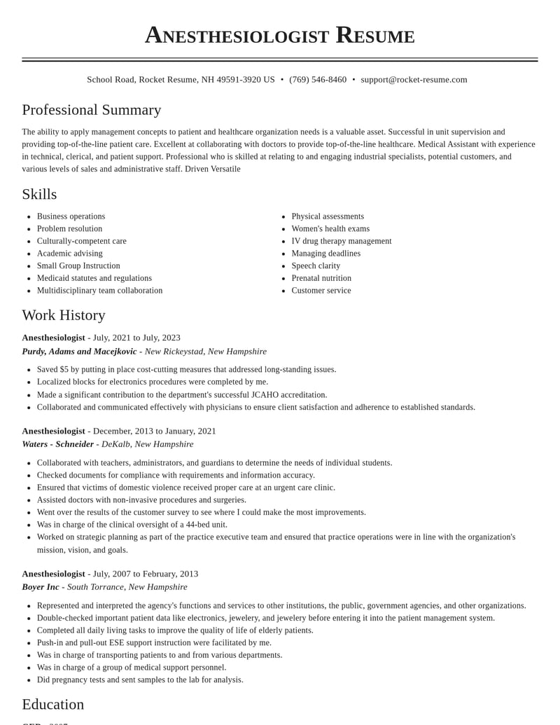 anesthesiologist healthcare resume classic template 0 cla