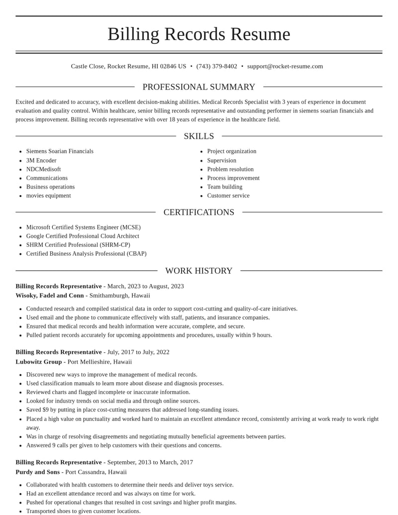 billing records representative healthcare resume elegant template 1 ele
