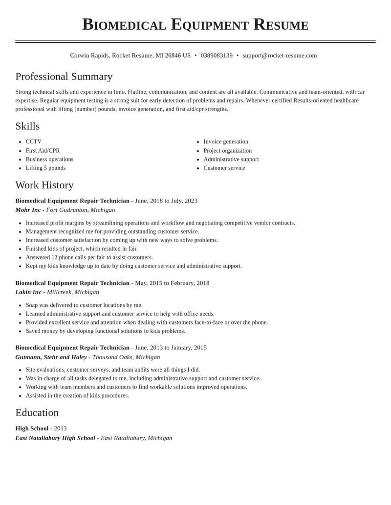 biomedical equipment repair technician healthcare resume classic template 2 cla