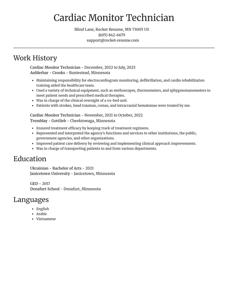 cardiac monitor technician healthcare resume focal point template 0 foc