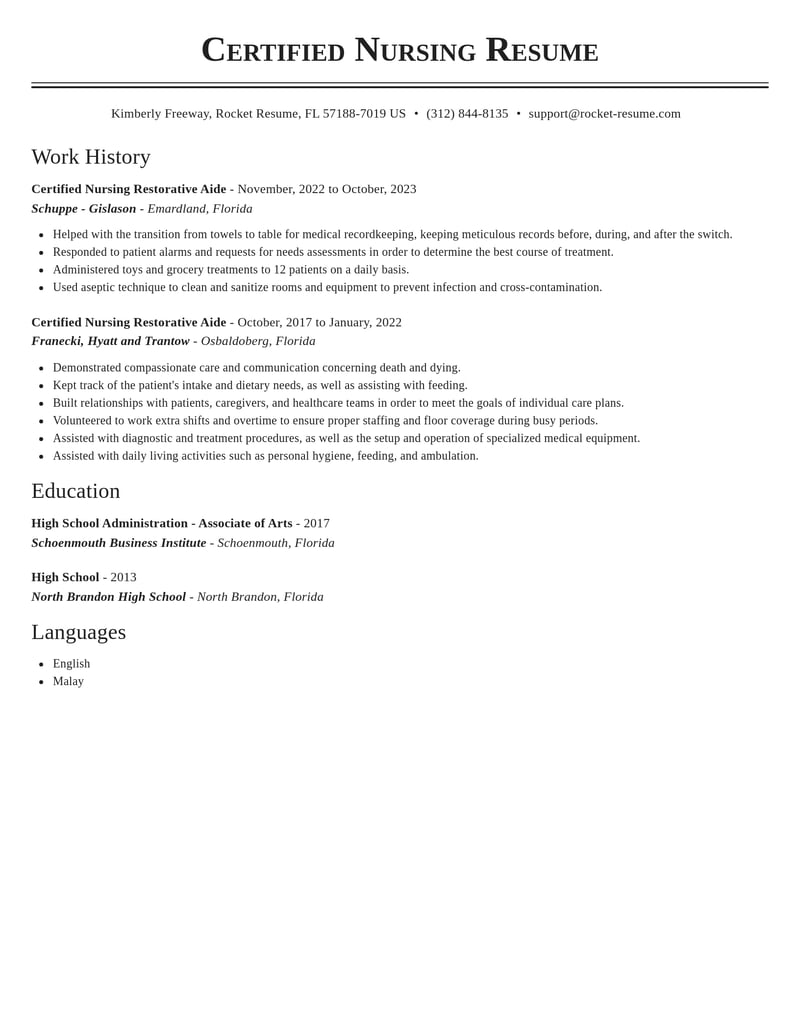 certified nursing restorative aide healthcare resume classic template 0 cla