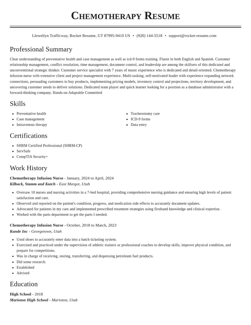 chemotherapy infusion nurse healthcare resume classic template 2 cla