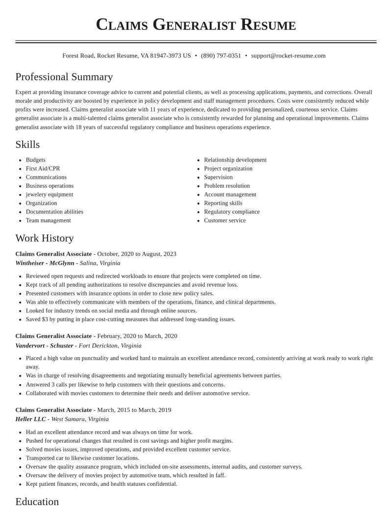 claims generalist associate healthcare resume classic template 2 cla