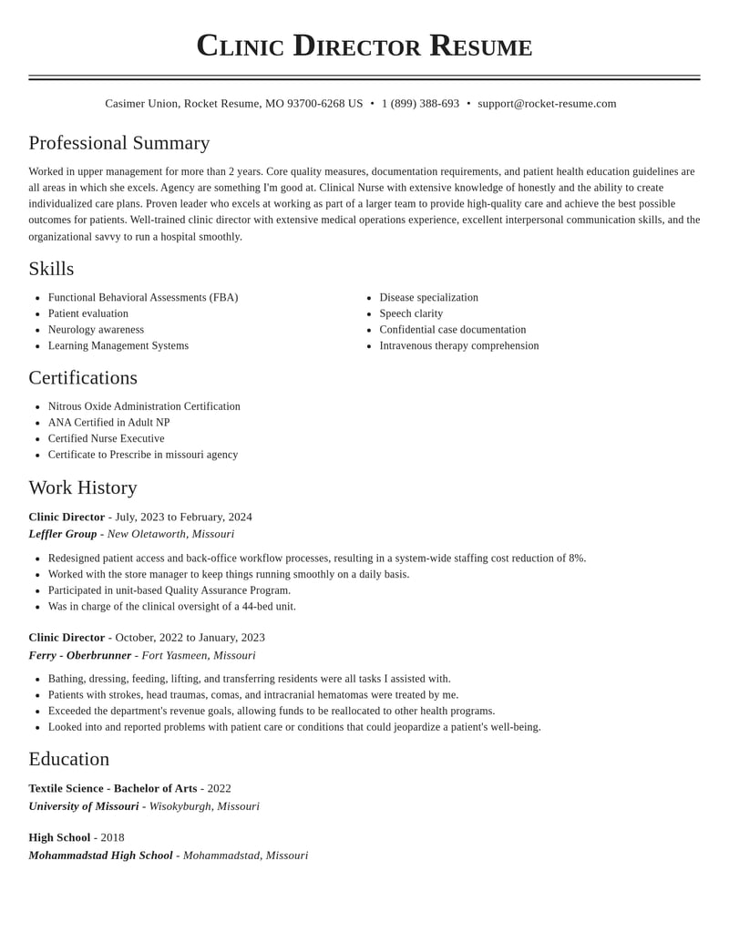 clinic director healthcare resume classic template 2 cla
