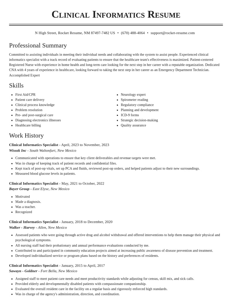clinical informatics specialist healthcare resume classic template 2 cla