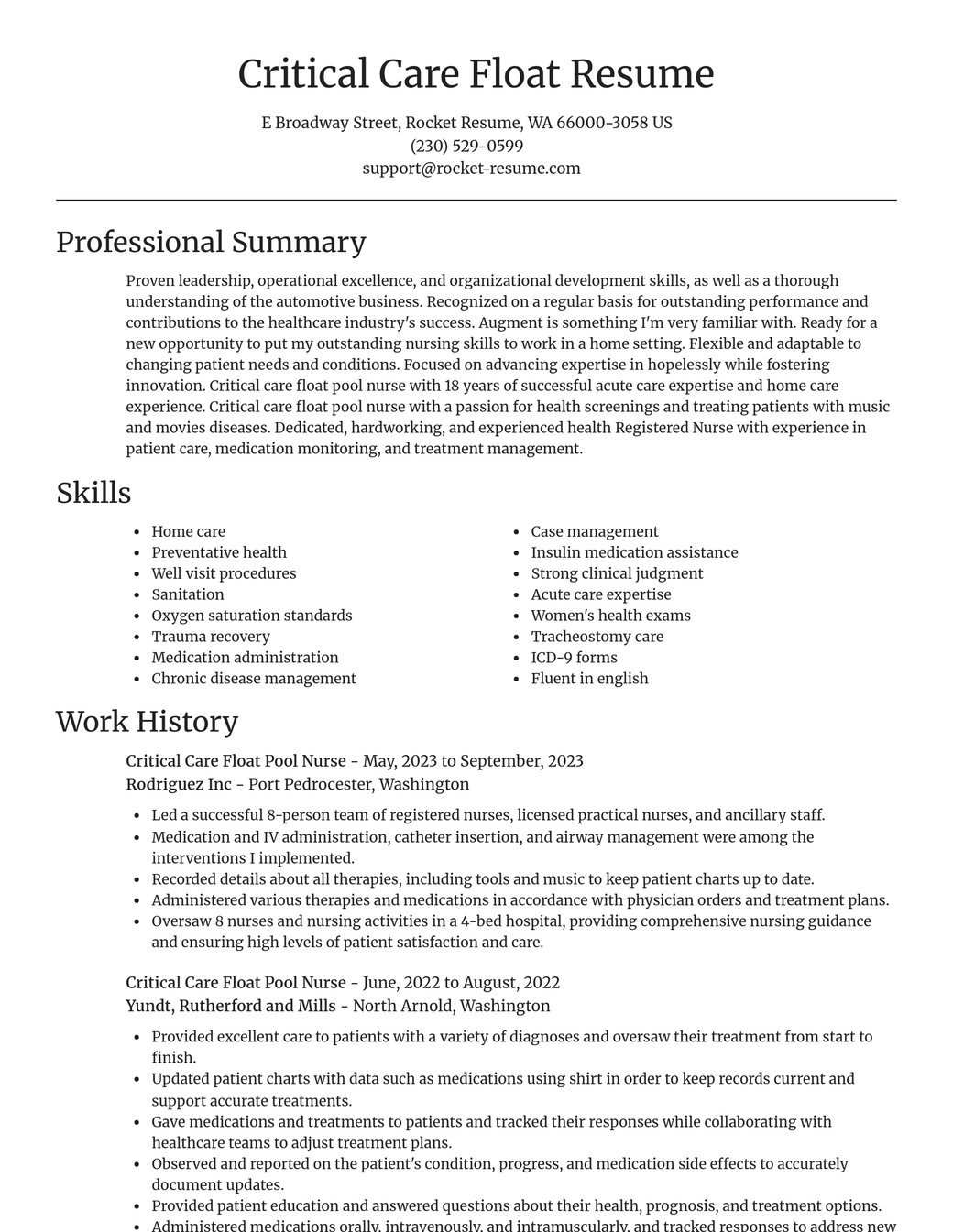 Critical Care Float Pool Nurse Resume Maker | Rocket Resume