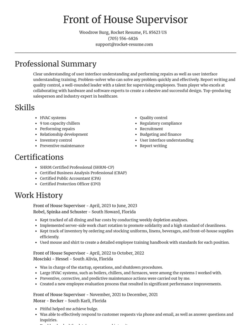 front of house supervisor healthcare resume focal point template 2 foc