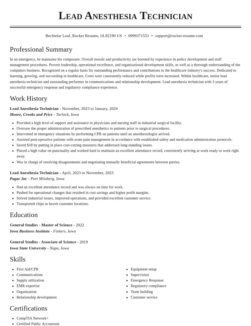 lead anesthesia technician healthcare resume classic template 2 cla