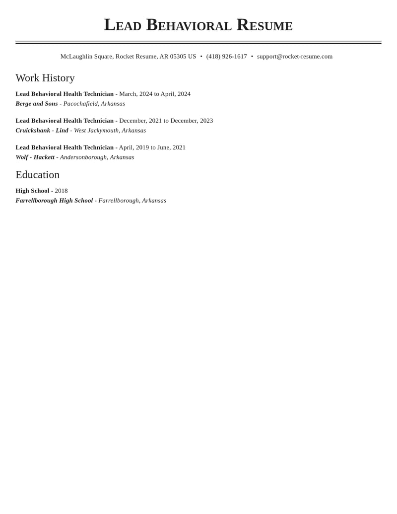 lead behavioral health technician healthcare resume classic template 0 cla