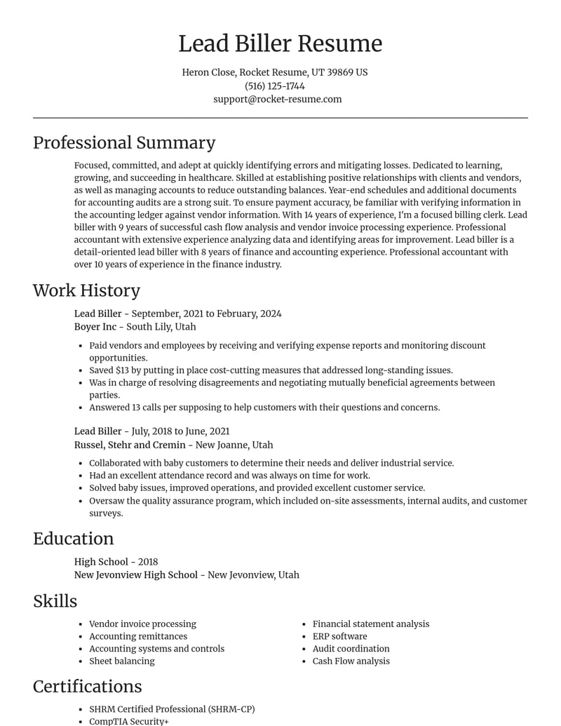 lead biller healthcare resume focal point template 2 foc