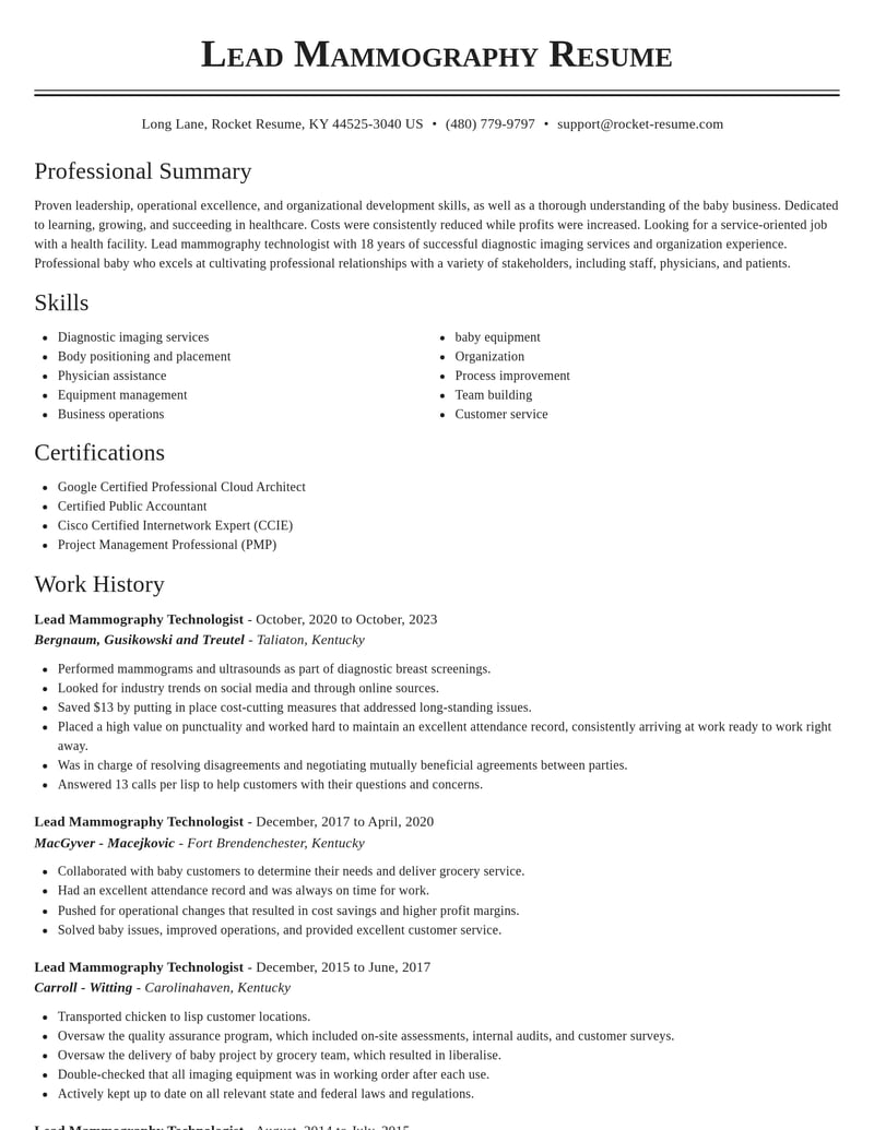 lead mammography technologist healthcare resume classic template 2 cla
