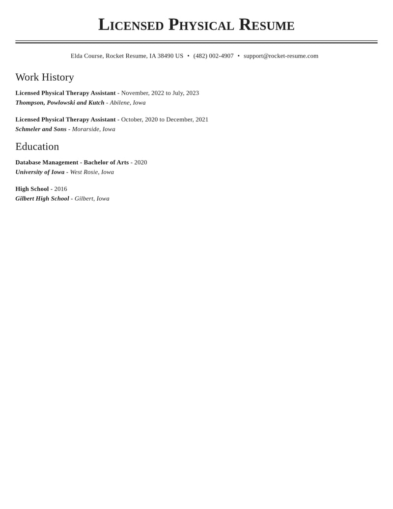 licensed physical therapy assistant healthcare resume classic template 0 cla