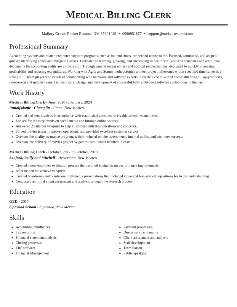 medical billing clerk healthcare resume classic template 2 cla