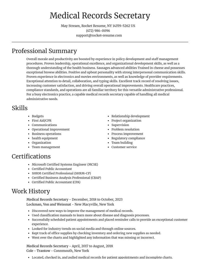 medical records secretary healthcare resume focal point template 2 foc