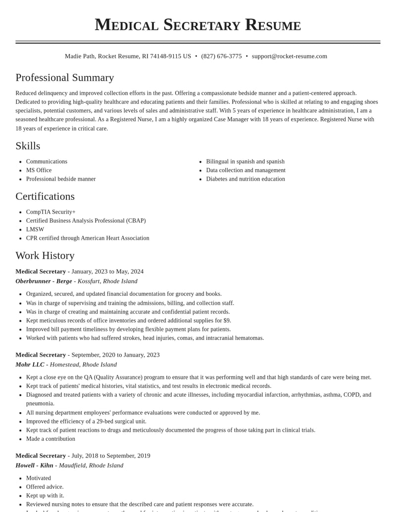 medical secretary healthcare resume classic template 1 cla