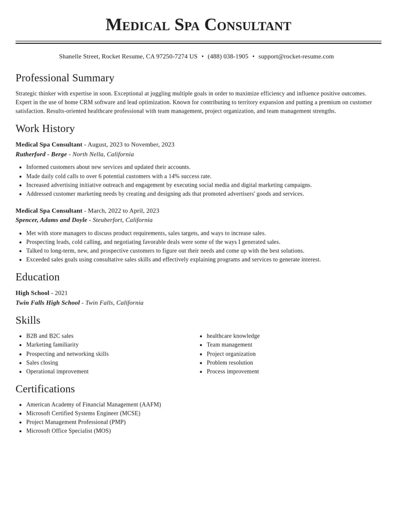 medical spa consultant healthcare resume classic template 2 cla