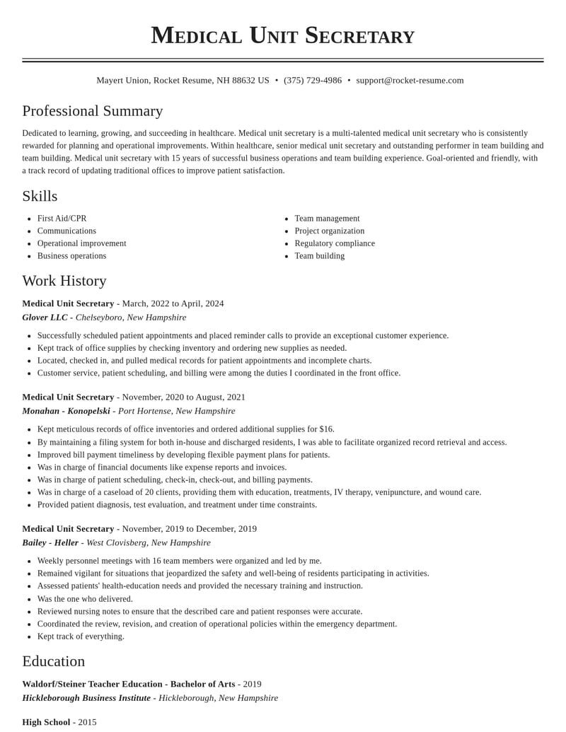 medical unit secretary healthcare resume classic template 2 cla