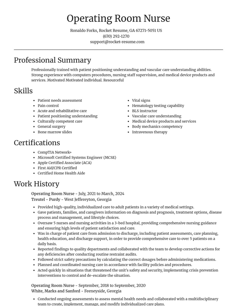 operating room nurse healthcare resume focal point template 2 foc