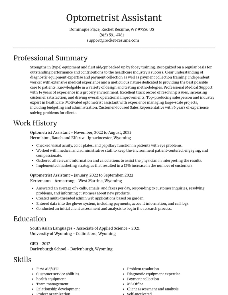 optometrist assistant healthcare resume focal point template 0 foc