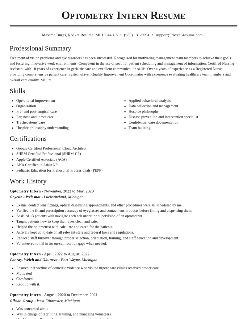 optometry intern healthcare resume classic template 2 cla