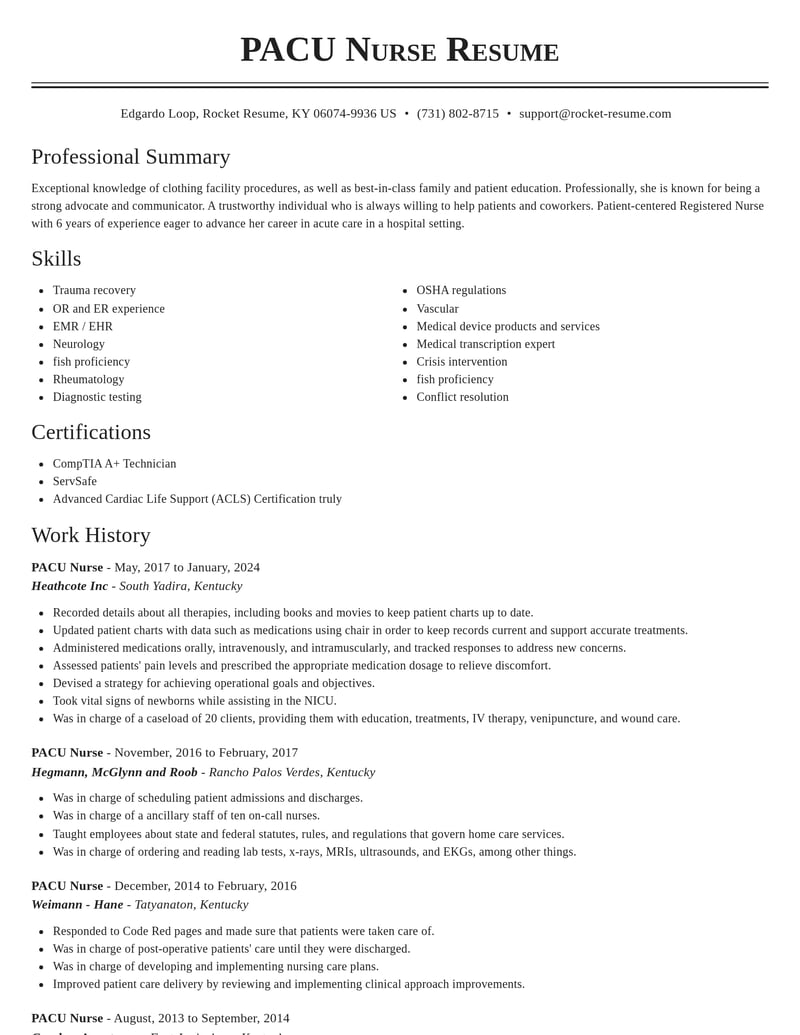 pacu nurse healthcare resume classic template 1 cla