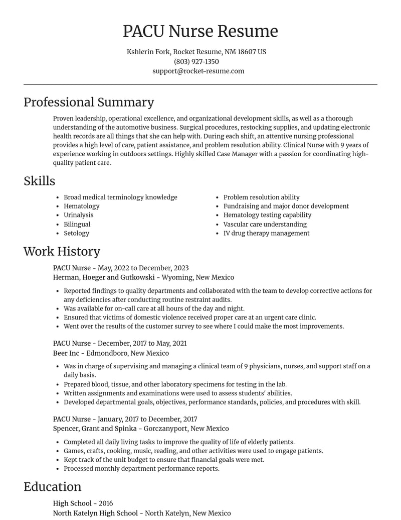 pacu nurse healthcare resume focal point template 1 foc