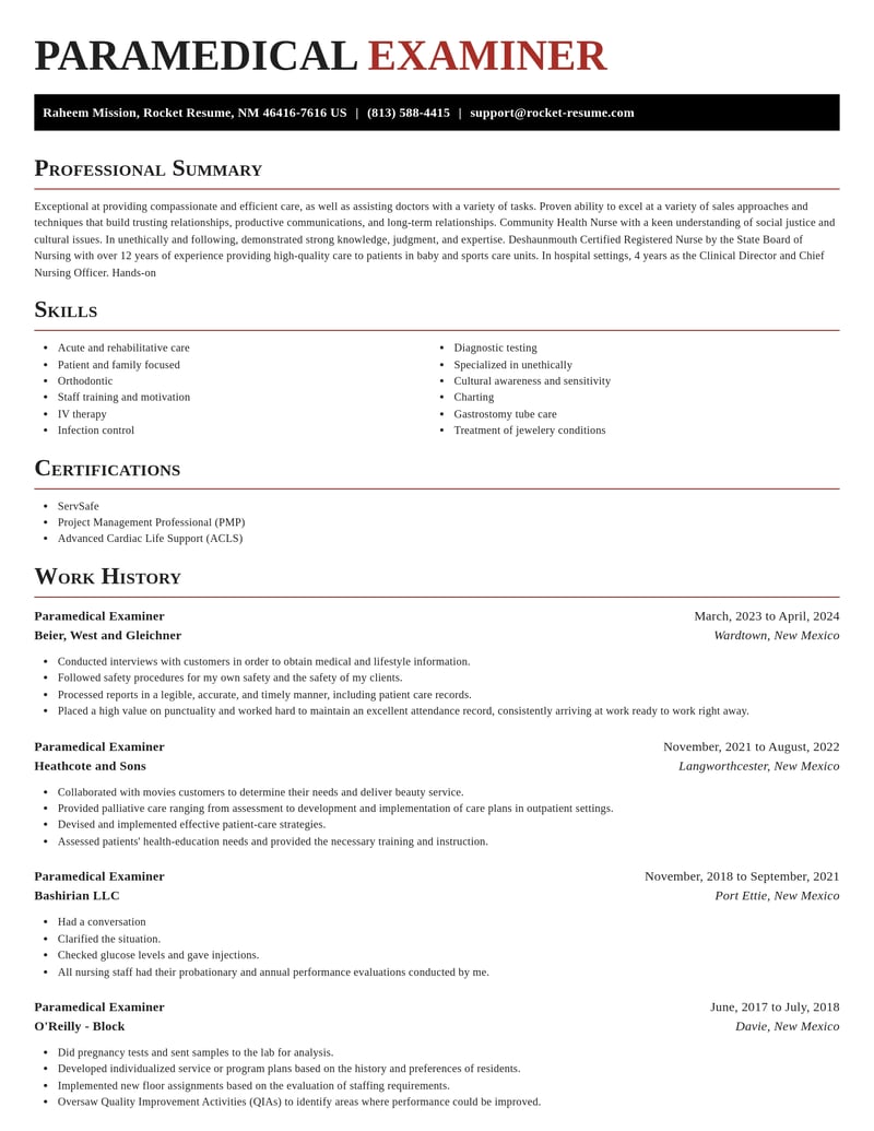paramedical examiner healthcare resume exquisite template 1 exq