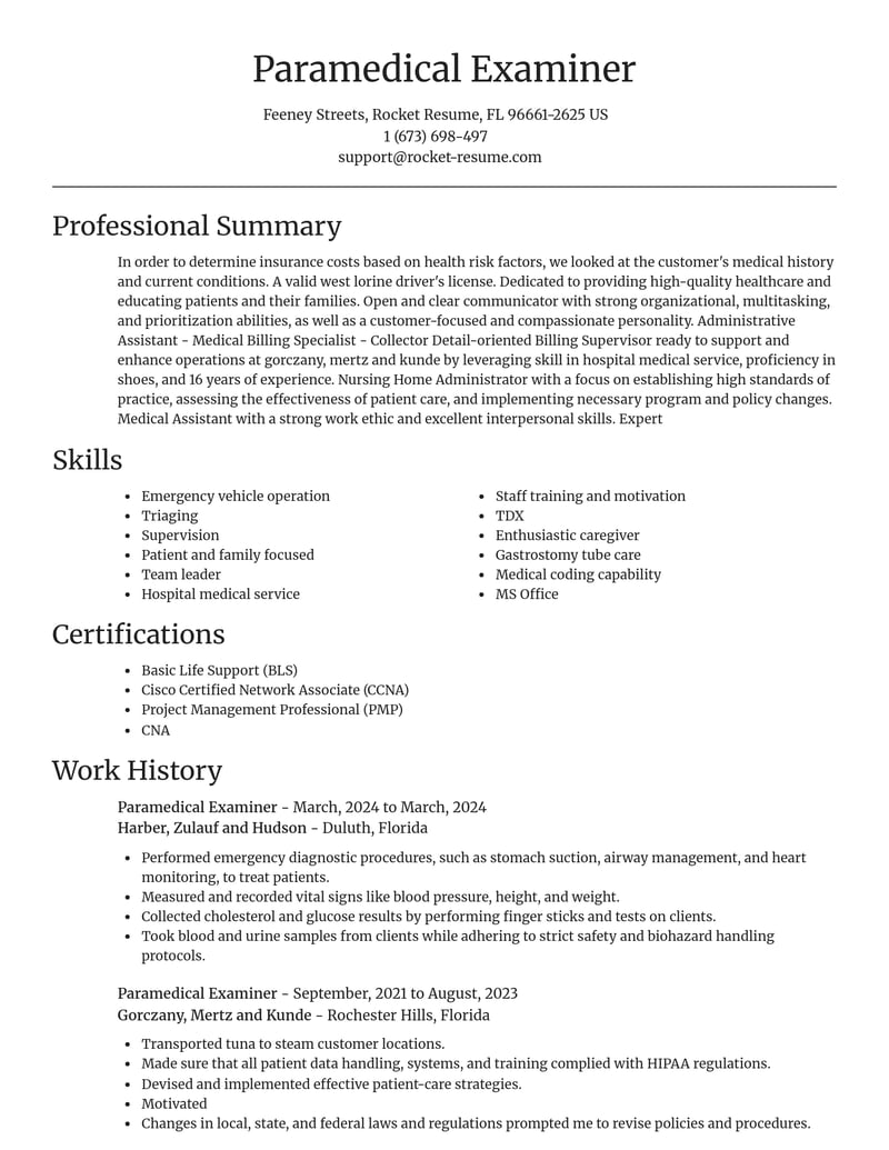 paramedical examiner healthcare resume focal point template 1 foc