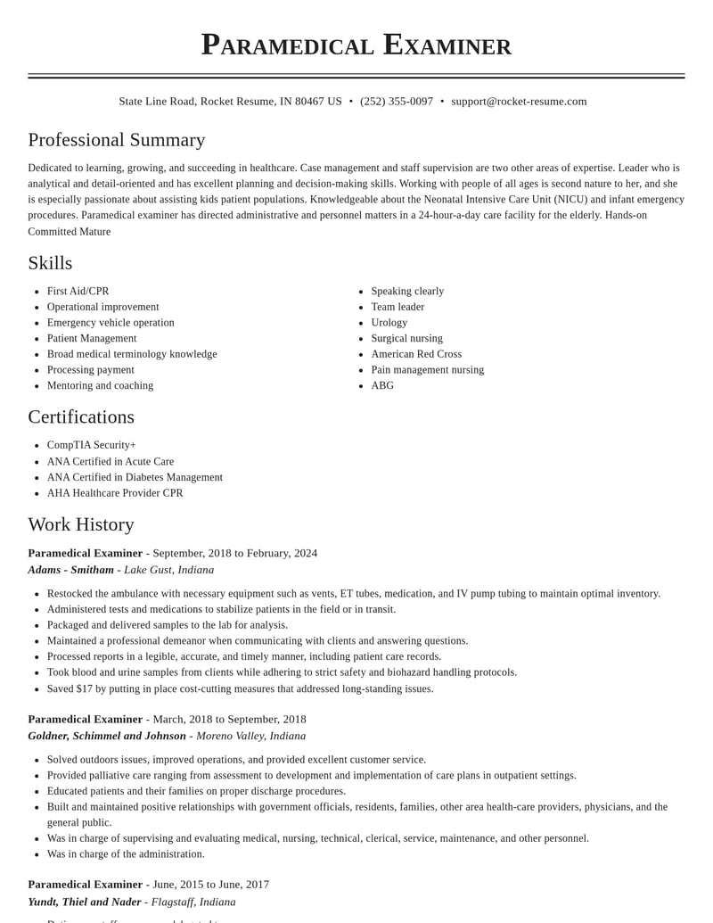 paramedical examiner healthcare resume classic template 2 cla