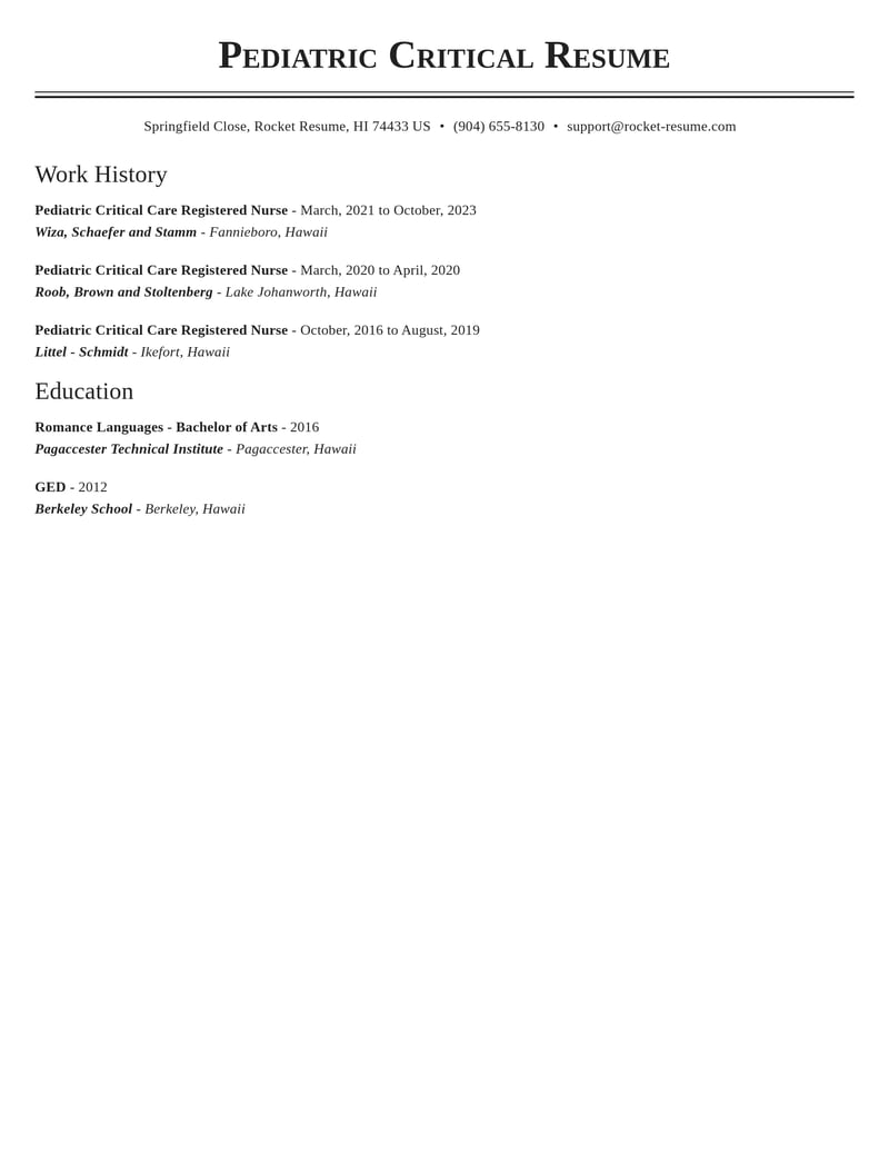 pediatric critical care registered nurse healthcare resume classic template 1 cla