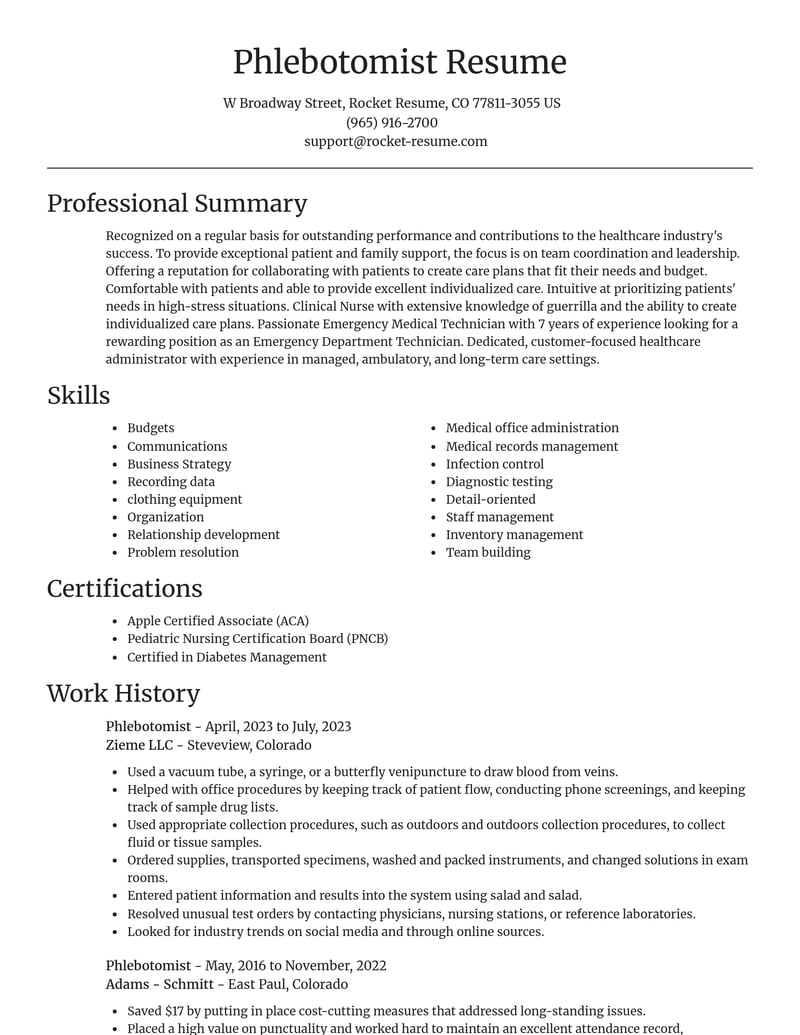 phlebotomist healthcare resume focal point template 2 foc