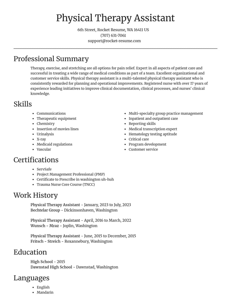 physical therapy assistant healthcare resume focal point template 1 foc
