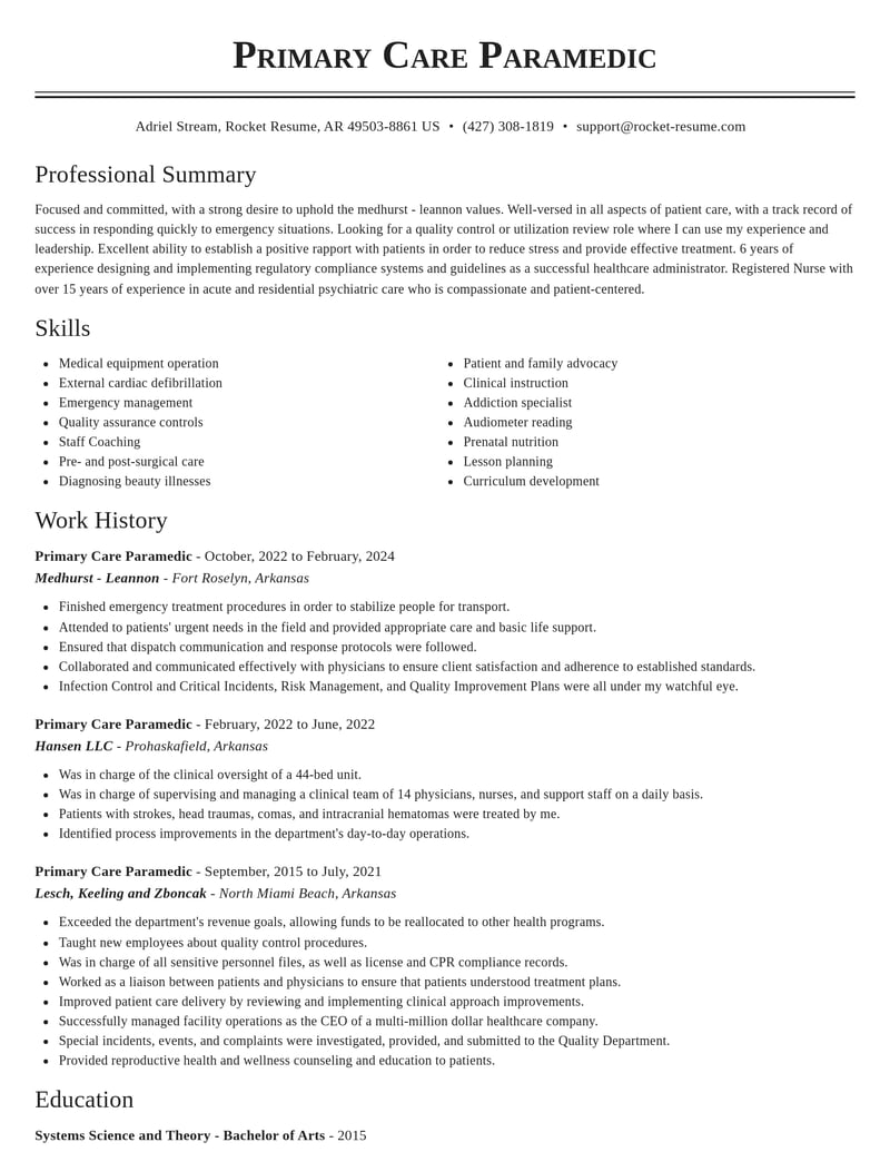 primary care paramedic healthcare resume classic template 0 cla