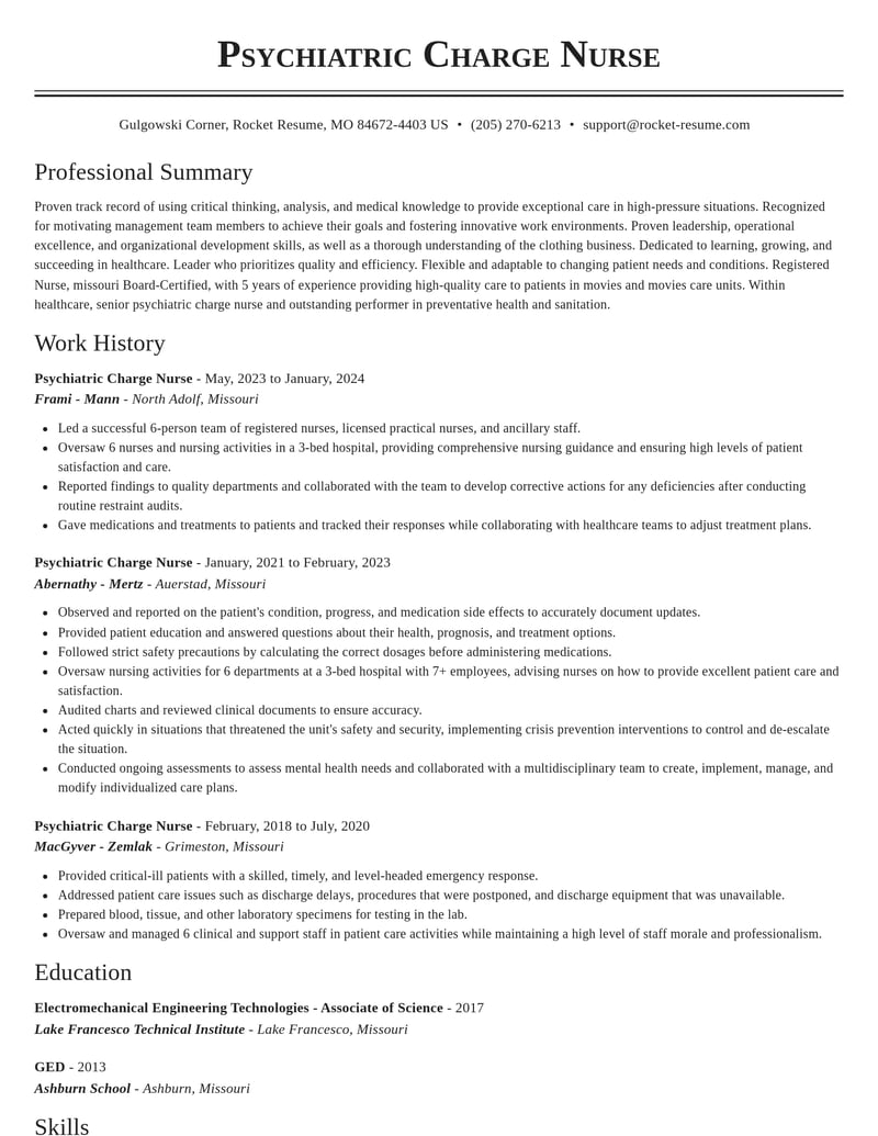 psychiatric charge nurse healthcare resume classic template 2 cla