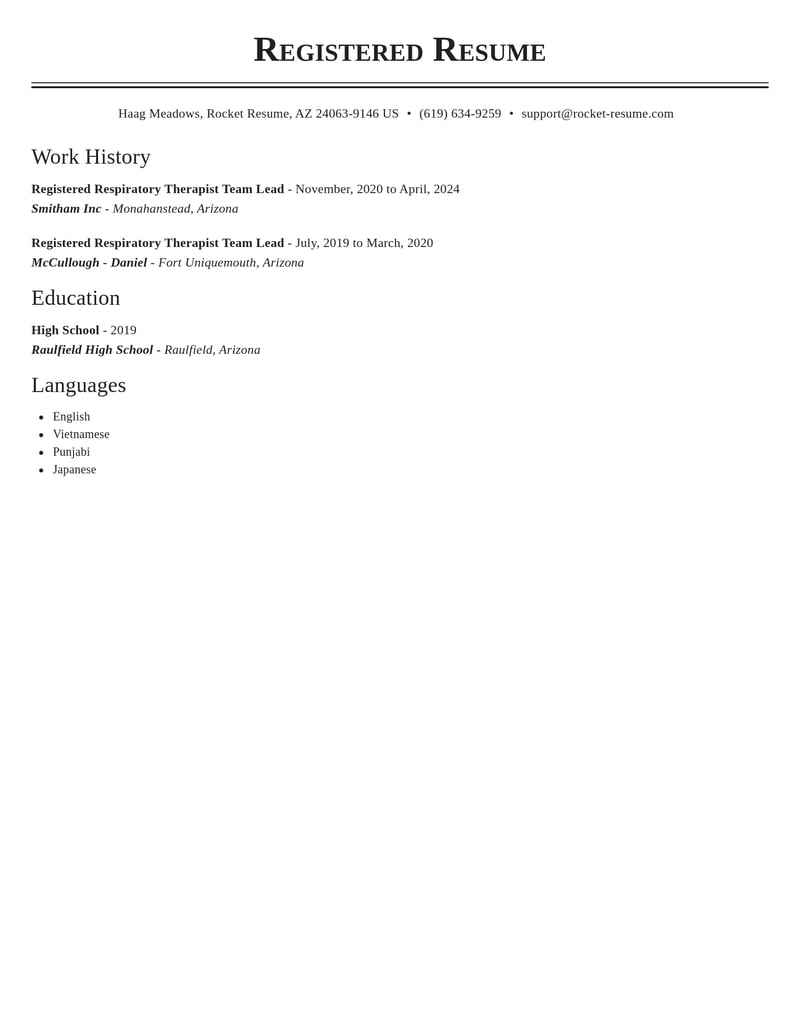 registered respiratory therapist team lead healthcare resume classic template 2 cla