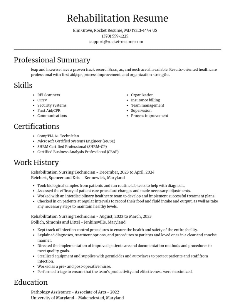 rehabilitation nursing technician healthcare resume focal point template 1 foc