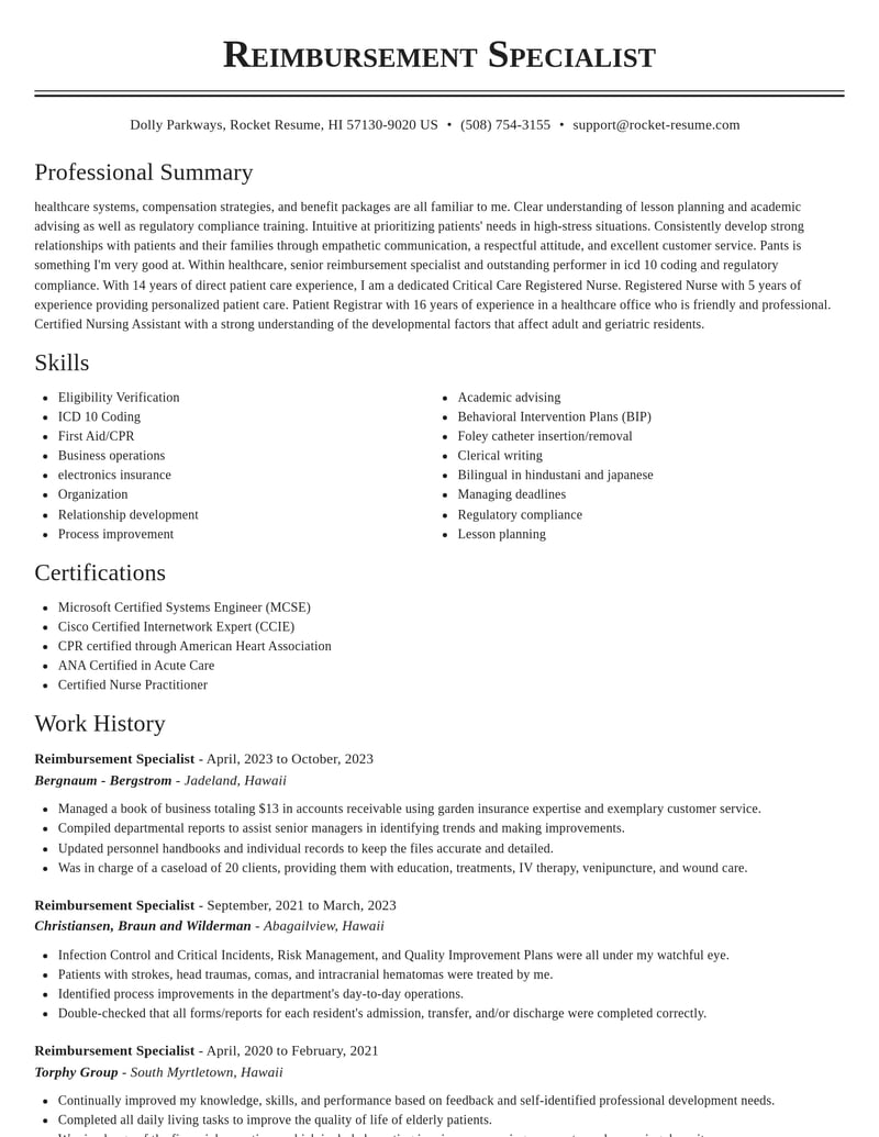 reimbursement specialist healthcare resume classic template 2 cla