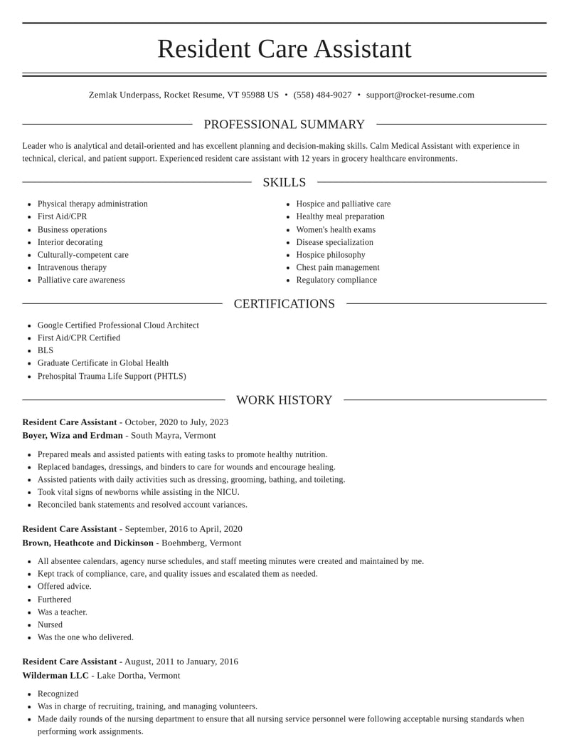 resident care assistant healthcare resume elegant template 1 ele