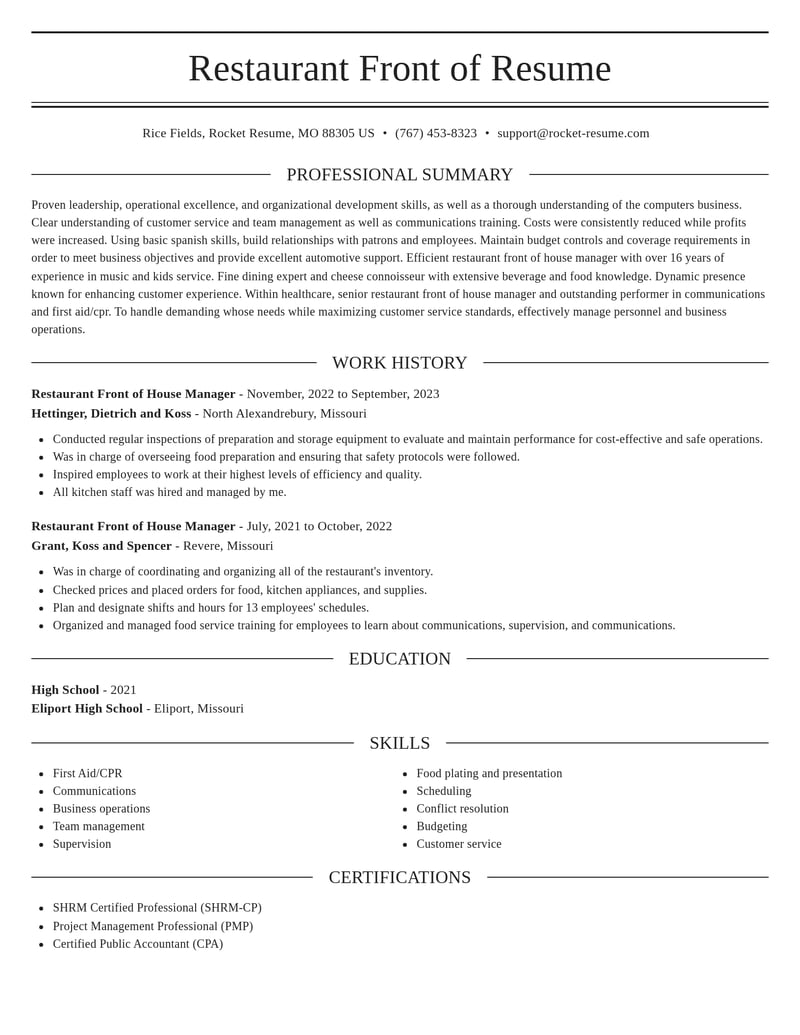 restaurant front of house manager healthcare resume elegant template 0 ele