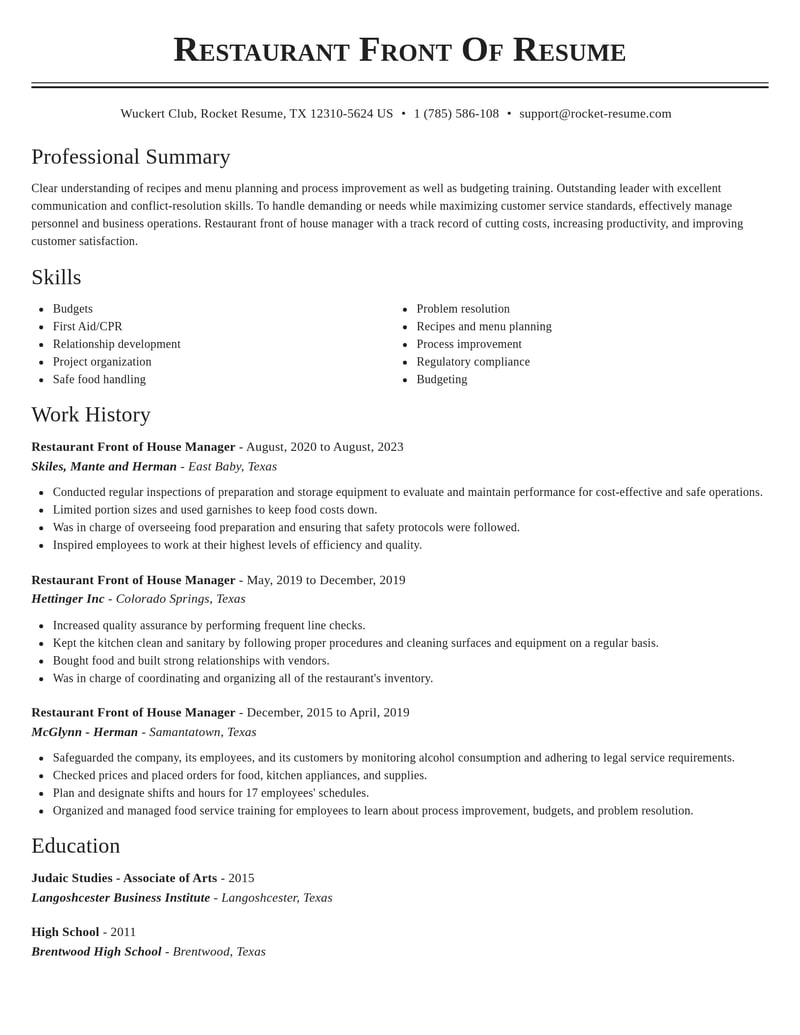 restaurant front of house manager healthcare resume classic template 2 cla