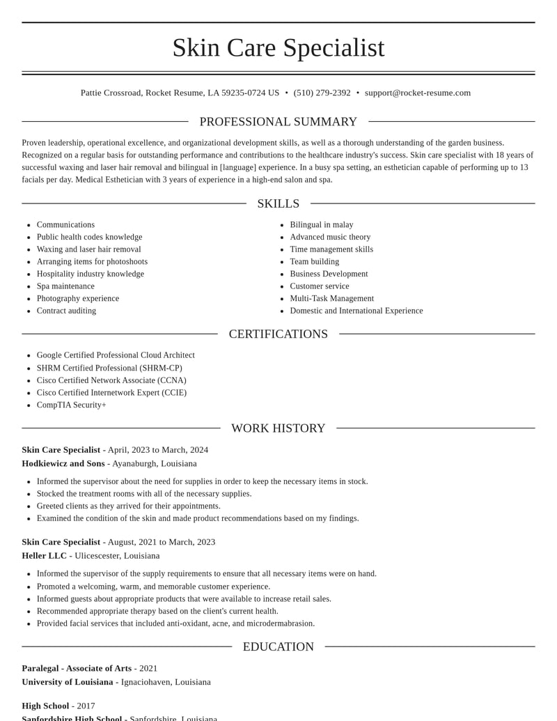 skin care specialist healthcare resume elegant template 2 ele