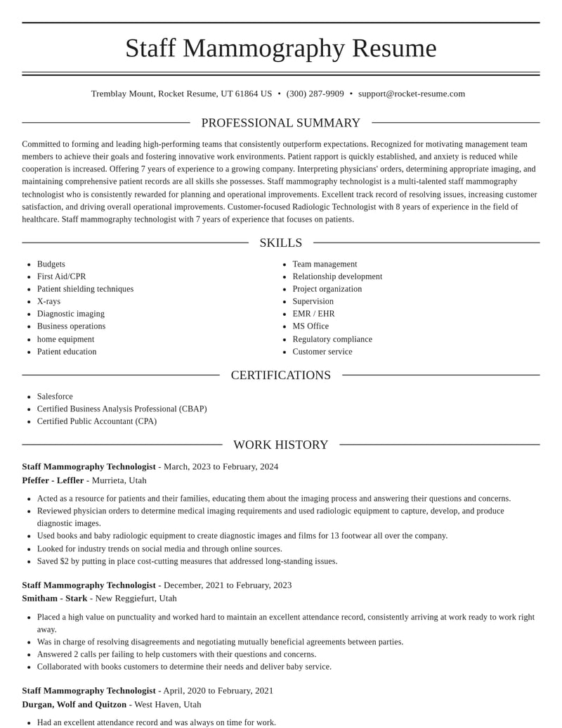 staff mammography technologist healthcare resume elegant template 2 ele