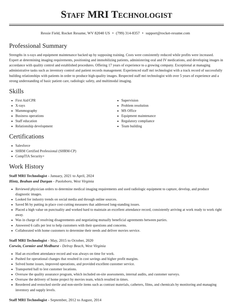 staff mri technologist healthcare resume classic template 1 cla