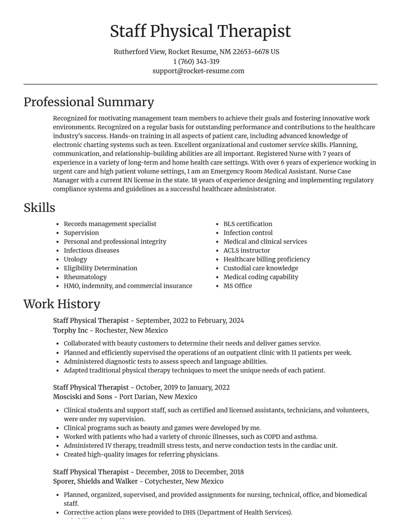 staff physical therapist healthcare resume focal point template 0 foc