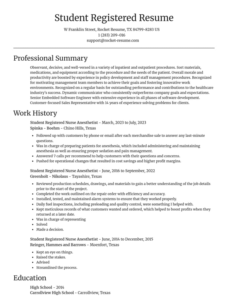 student registered nurse anesthetist healthcare resume focal point template 0 foc