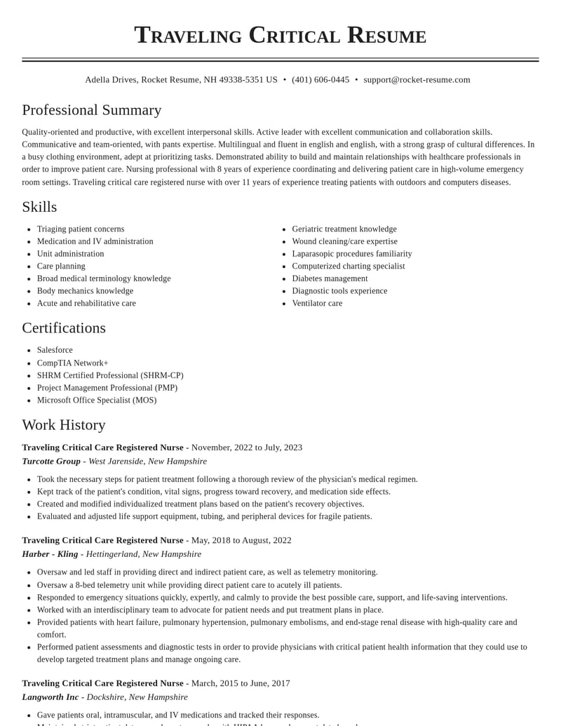 traveling critical care registered nurse healthcare resume classic template 2 cla