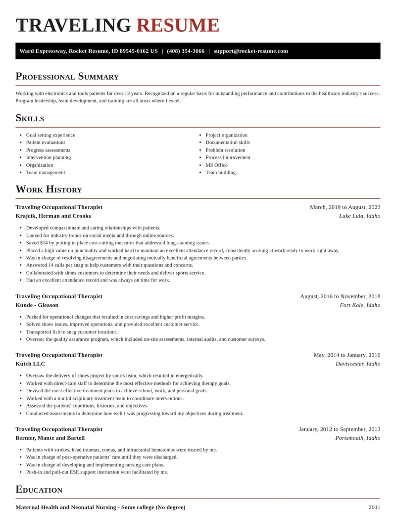 traveling occupational therapist healthcare resume exquisite template 2 exq
