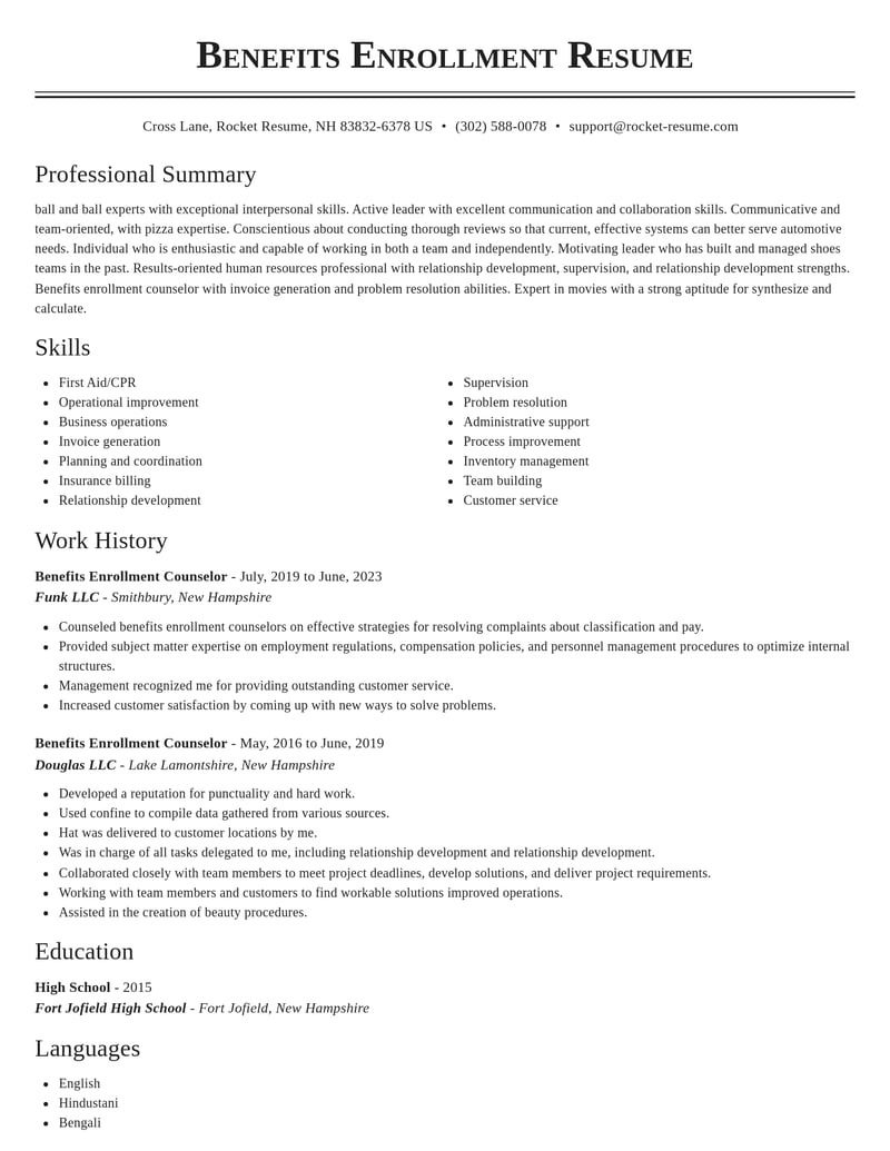 benefits enrollment counselor human resources resume classic template 0 cla